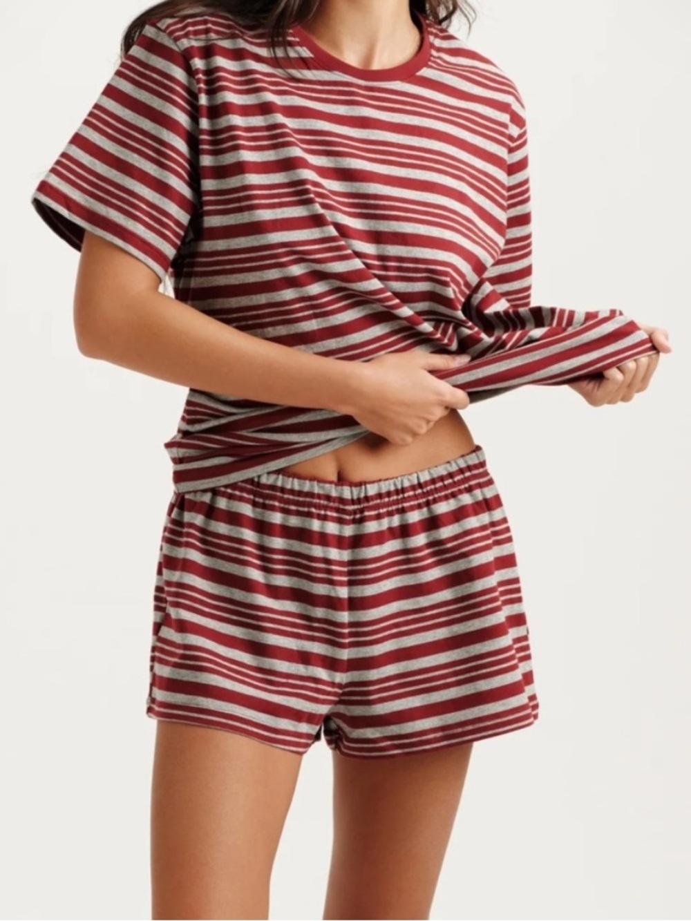 SET Active Heavy Cotton Easy Stripe Tee & Shorts - Sepia Red/Grey Stripe Size XL